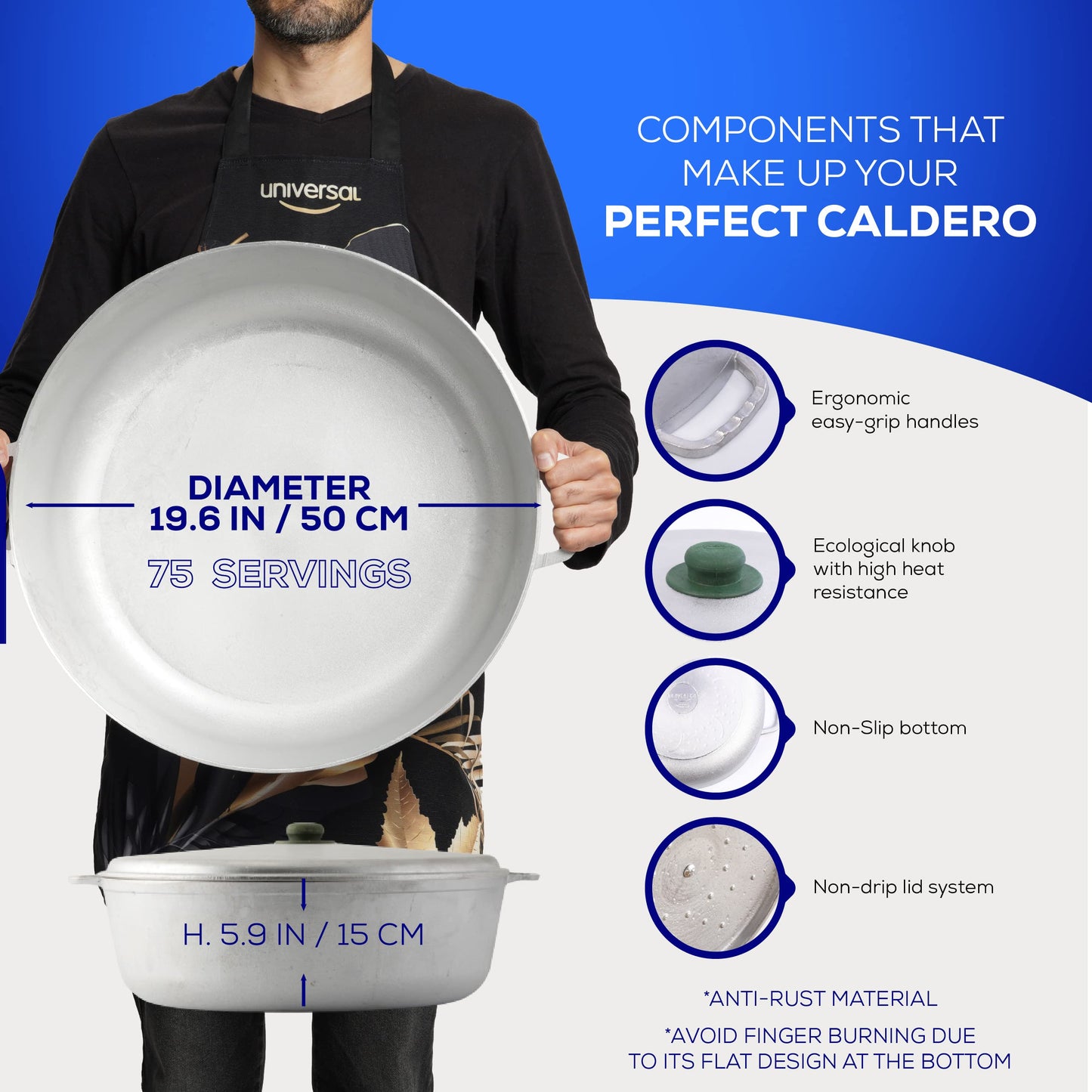 Universal (Professional Extra Large) Caldero 75 Cups - 27.7 QT / 26.6 L, Stainless Aluminum Pot, Even Heat Distribution and Fast Cooking Dutch Oven Pot with Ergonomic Handles, Ideal for Rice, and More