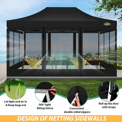 COBIZI 10x15 Canopy Tent with 4 Sidewalls,Heavy Duty Pop up Canopy with Mosquito Netting,Easy up Screen Tent for Parties Wedding Patio with Handbag,Black