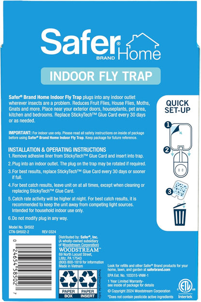 Safer Home Indoor Plug-In Fly Trap - Effective Gnat & Fruit Fly Control | Covers 400 Sq Ft - Includes 1 Device & 2 Glue Cards