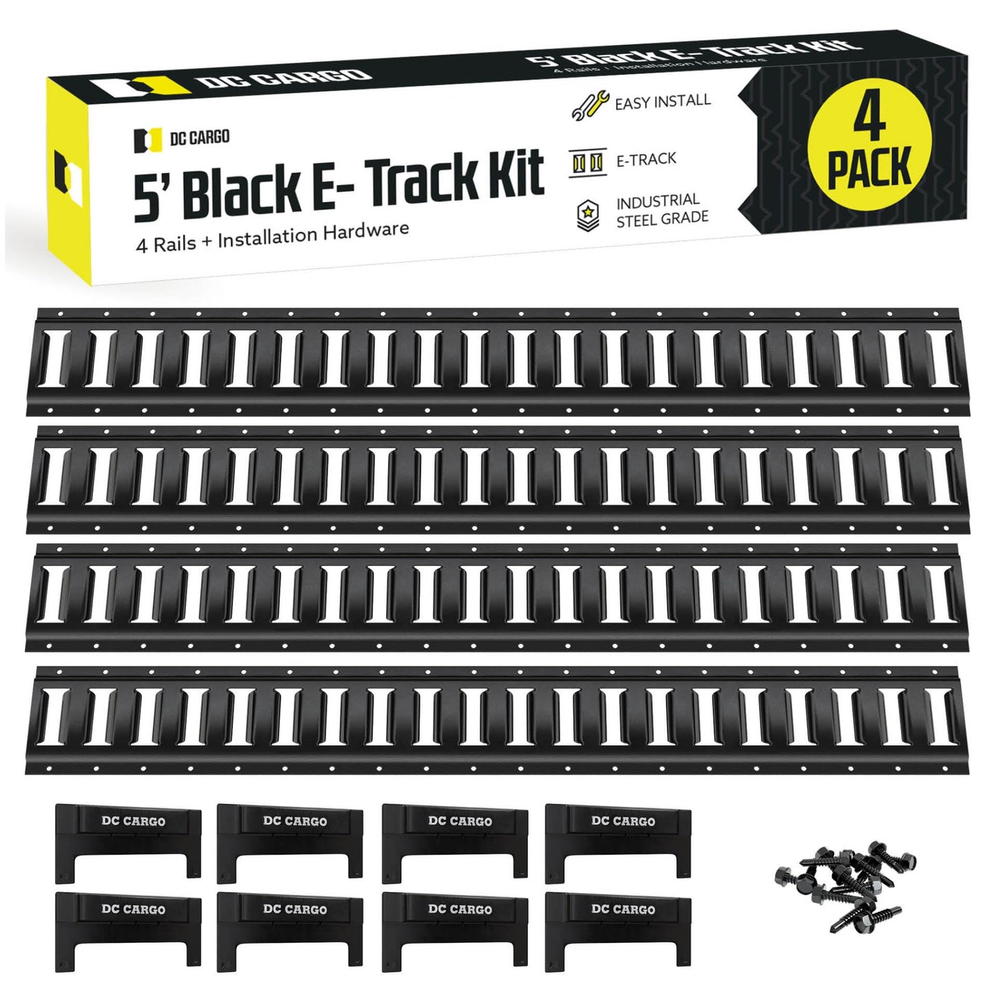 DC Cargo Mall 5' Long E Track Tie Down Rail (4 Pack) Powder Coated Steel Universal ETrack Tiedown System Kit - Easy Safe Secure Bolt on Socket System for Cargo on Pickups, Trucks, Trailer Tie, Vans