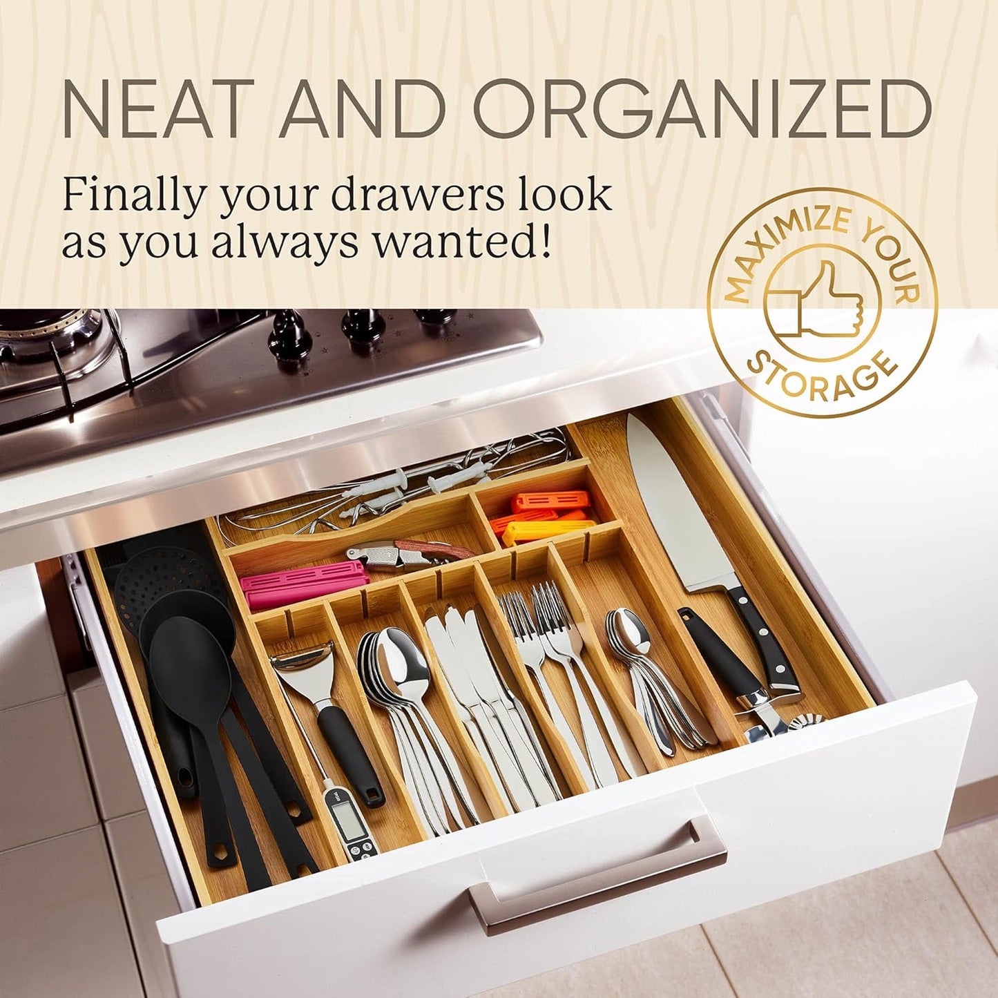 Night Tree Silverware Drawer Organizer - Extra Deep Bamboo Flatware Tray with Adjustable Dividers (14"-21.6" Wide)