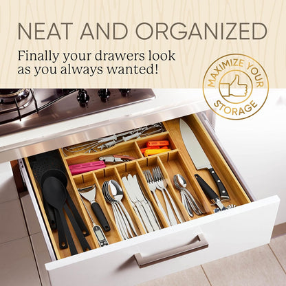 Night Tree Silverware Drawer Organizer - Extra Deep Bamboo Flatware Tray with Adjustable Dividers (14"-21.6" Wide)