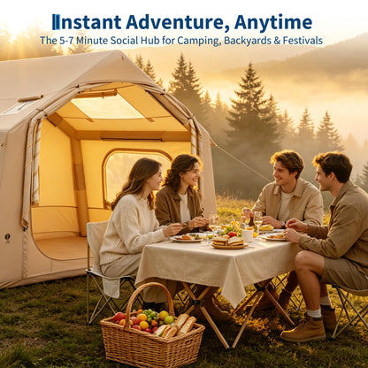 Inflatable Camping Tent for 3-5 Person, Quick Setup Blow Up Tent with Hand Pump, 210D Oxford Air Glamping Tents with Skylight & Stove Jack, 4 Season for Outdoor Camping, Beach, Hiking