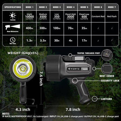 FORTO Rechargeable Spotlight 10,000 Lumen Ultra Bright IPX7 Waterproof Flashlight, Boat Spotlight with EVA Carrying Case Tripod, 7 Light Modes Handheld Spotlight Flashlight for Marine Boat Hunting