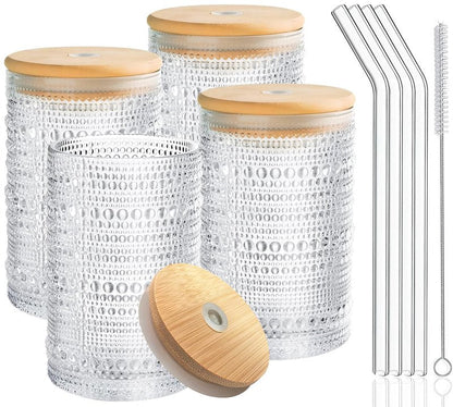 Hobnail Drinking Glasses with Bamboo Lids and Glass Straw 4Pcs Set - 14oz Vintage Glass Cups, Water Glasses, Iced Coffee Glasses, Cute Tumbler Cup, Ideal for Cocktail, Whiskey, Gift - Cleaning Brushes