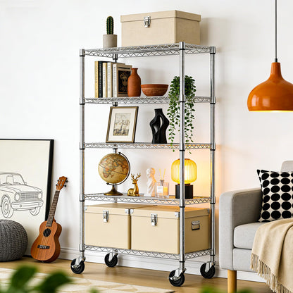 IZEUK 5-Tier Storage Shelving Unit with Wheels, Adjustable Heavy Duty Steel Wire Rack Organizer (Chrome, 17.7" D x 47.2" W x 76.7" H, 1750 lbs Capacity) for Garage, Kitchen, Pantry, Laundry, Basement
