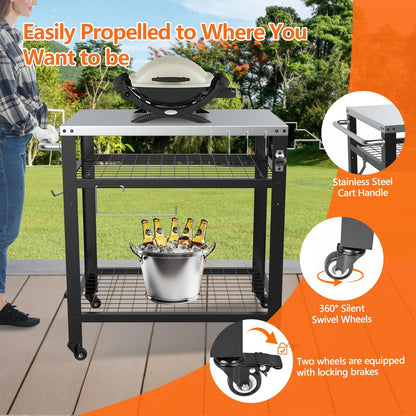M METERXITY Stainless Steel Pizza Oven Table for Ooni, 650lbs Outdoor Grill Cart with Wheels and Handle, 32"x 24" Three-Shelf Food Prep Cart for Griddle, Movable Outdoor Pizza Cart
