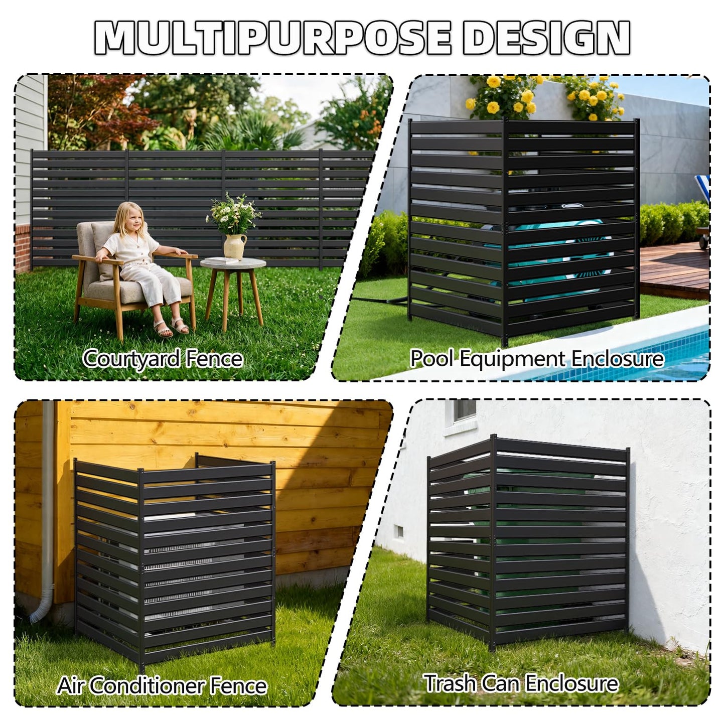 63" H×38" W（1 Panels） No Dig Metal Privacy Fence Panels for Air Conditioner Units, Can Also Hide The Pool Equipment, Black Outdoor Rustproof Trash Cans Privacy Screen