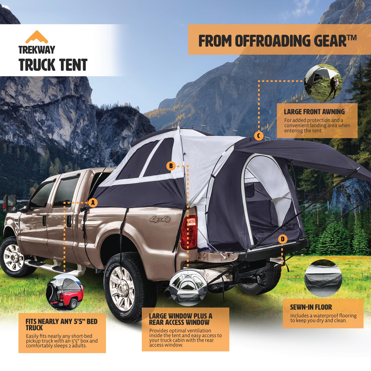 Offroading Gear 5.5ft Truck Bed Camping Tent w/Canopy | Waterproof | Compatible with F150| Ram| Sierra| GMC| Nissan| Etc.
