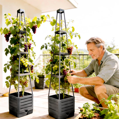 SYITCUN Tomato Planter with Trellis, 57 Inch Self-Watering Planter Box 2-Pack, Grey Planter with Metal Support for Outdoor Indoor Climbing Plants