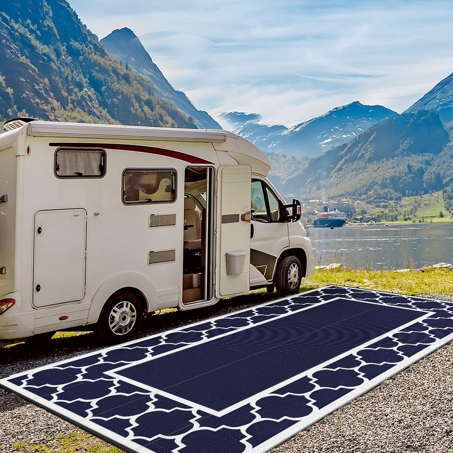 GENIMO 10 ' x 20 ' Outdoor Rug Waterproof for Patio Decor, Foldable Reversible Plastic Straw Area Rugs Mat for Camper, Outside Carpet for Rv, Deck, Porch, Picnic, Beach, Balcony, Blue & White