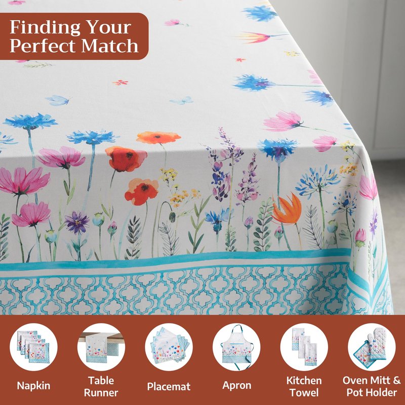 Maison d' Hermine Table Cloth Rectangle Table 100% Cotton 60 x 108 Inches Tablecloth Reusable Decorative for Dining Kitchen Farmhouse Home Gifts for Mothers Day Spring Summer - Flower in The Field