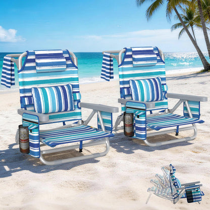 5-Position Backpack Beach Chair for Adults with Lumbar, Foldable Tall Heavy-Duty Beach Chairs with Cooler Bag,Cup Holder,Towel Rack for Beach, Camping, Outdoor (2, Blue&White)