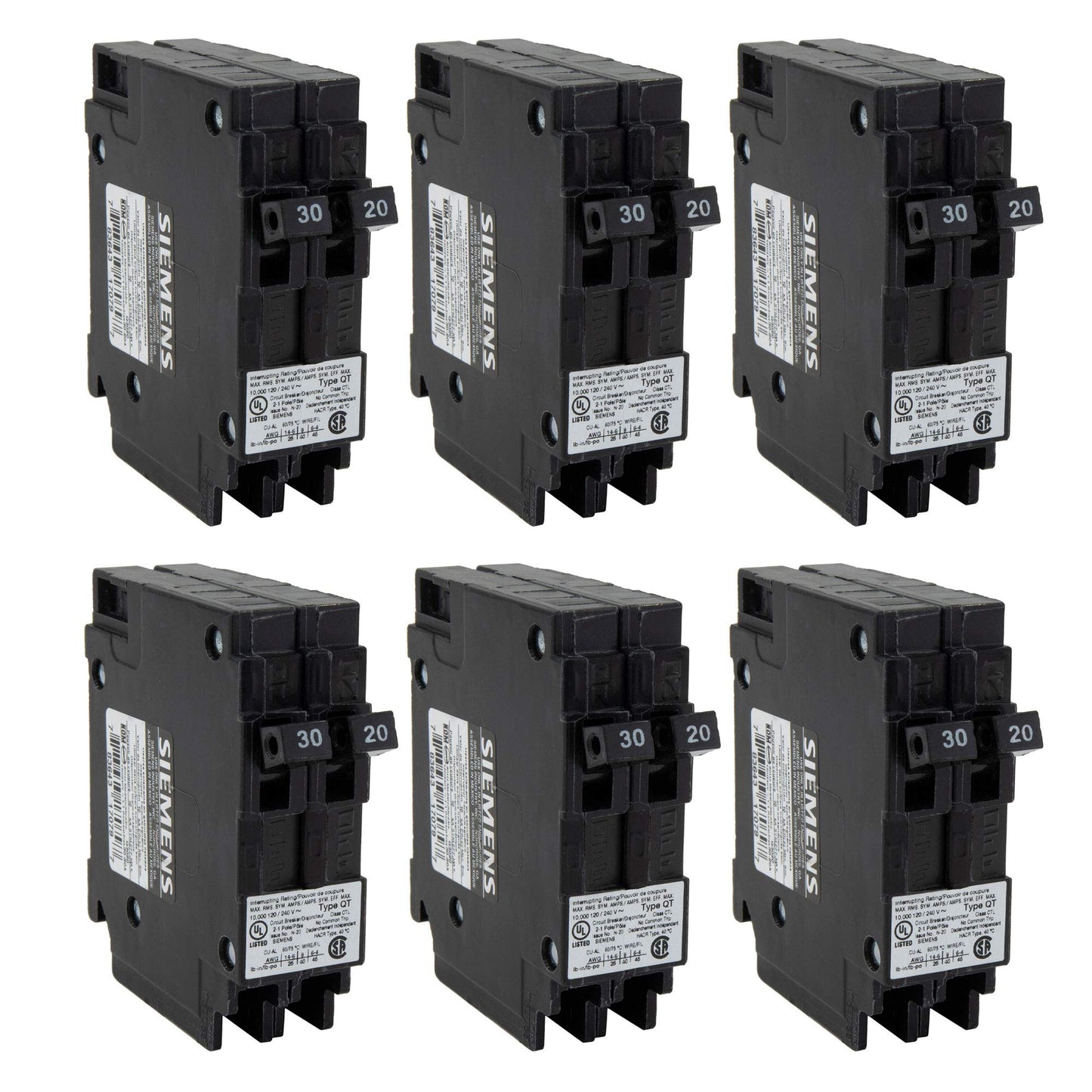 RecPro RV Circuit Breaker Q3020 | 30/20 Amp Twin Single-Pole | 120V Thermal-Magnetic | Standard Trip | Plug-in Type | QT Compatible | Camper/RV Electrical Breaker (6 Pack)