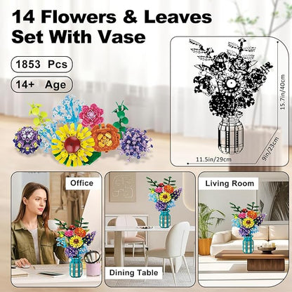 Flowers Bouquet Building Set for Adults Wildflowers Icon Flowers Botanical Collection Kits Compatible with Lego Flowers Valentines Flowers Sets for Women Girls 14+ 11001