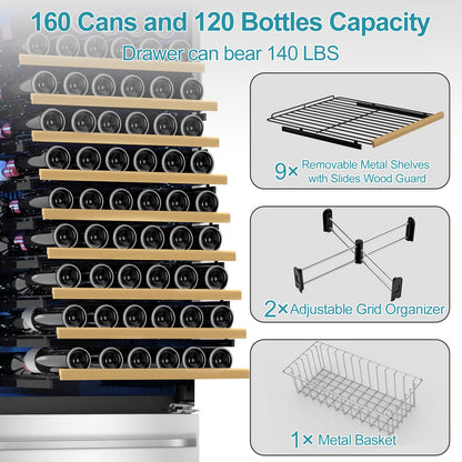 Tylza Wine and Beverage Refrigerator, 24'' Dual Zone Wine Fridge with Dual Drawers, Holds 160 Cans and 120 Bottles, Reversible Door, Built-In or Freestanding, Beverage Fridge for Home or Commercial