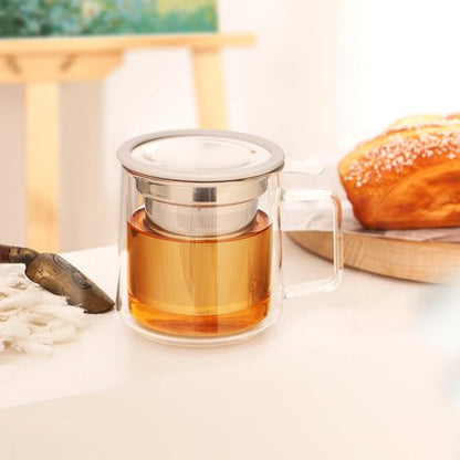 CNGLASS 12oz Double Walled Glass Tea Cup with Stainless Steel Infuser and Lid,Borosilicate Glass Tea Infuser Mug for Loose Tea,Teabag,Set of 1