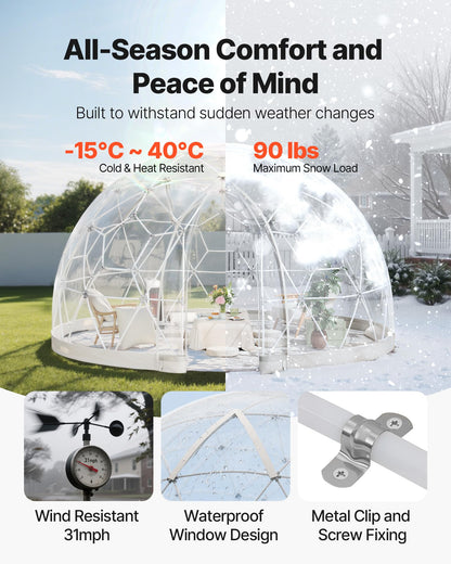 VEVOR Garden Dome Tent, 9.5 x 5.7 ft Outdoor Clear Bubble Tent for 2–4 Person, Weatherproof Geodesic Dome Greenhouse with Window, PVC Transparent