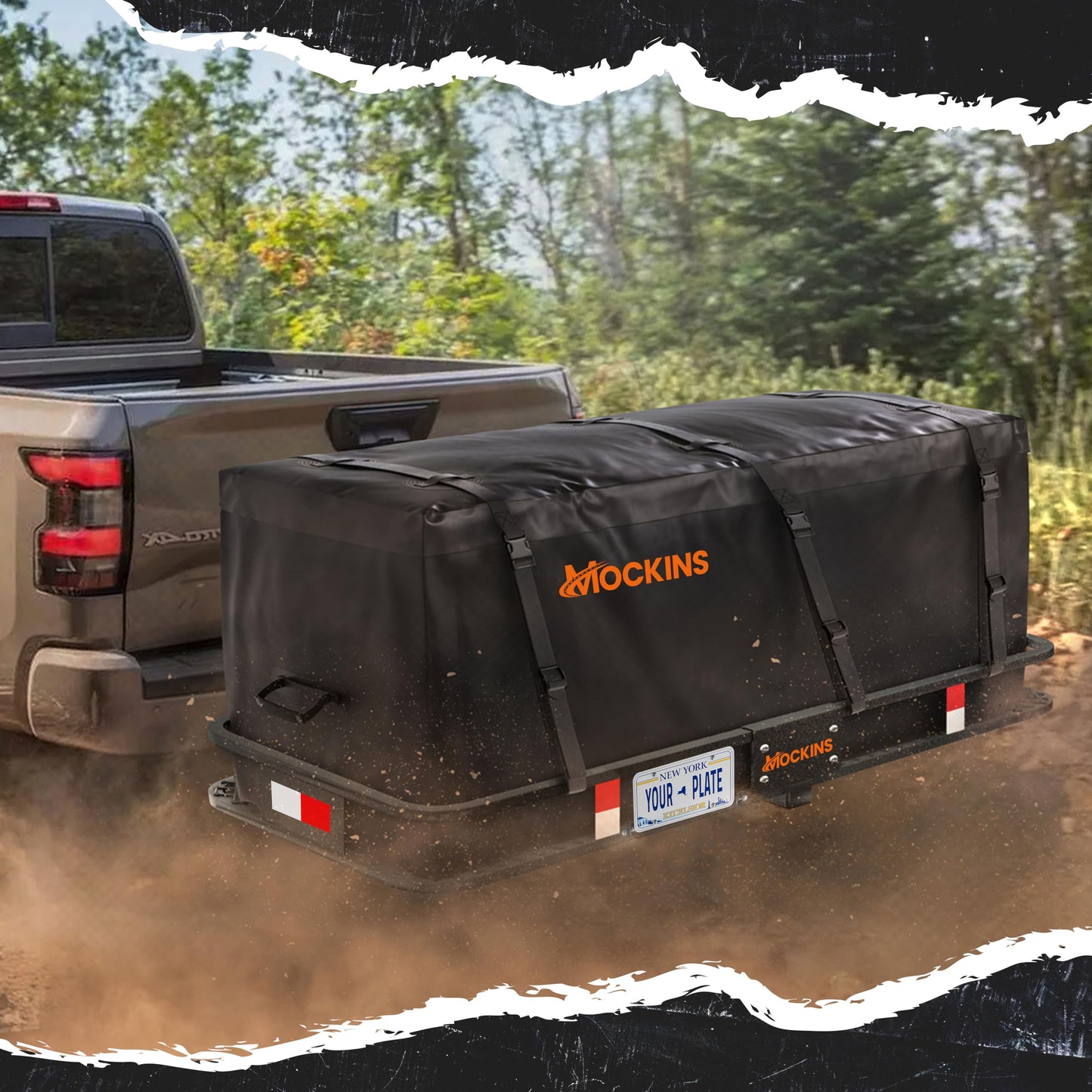 Mockins Folding Luggage Rack for SUV Car Truck ATV & More | 500 lb. Capacity Steel Trailer Hitch Cargo Carrier 60"x20"x6" w/ 16 Cu Ft Waterproof Cargo Bag for Hitch Carrier & Cargo Trailer Accessories