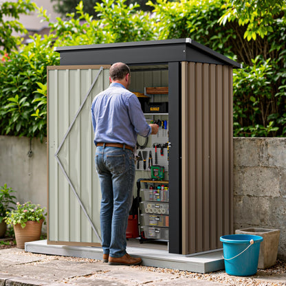 Greesum 5×3FT Outdoor Storage Shed, Metal Patio Storaged Sheds with Lockable Doors, Sheds & Outdoor Storage for Bike, Backyard, Pool and Garden, Brown