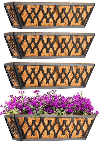Karlliu 4 Pack 14 Inch Window Boxes Planters Railing Planter Box with Coco Liners Deck Railing Planter Boxes Balcony Hanging Flower Box for Outdoor Plants Garden Decor
