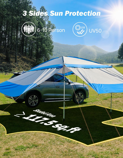 JOYTUTUS Versatile Vehicle Awning with 3 Removable Sides, Large Car Awning 11.5FT * 7.9FT, UV50+ and Waterproof PU2000mm Truck Canopy, SUV Camping Sunshade with 8 Storage Pockets, Gray Blue