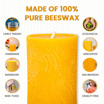 BeeTheLight Beeswax Pillar Candle - 100% Pure Bees Wax - Choose Your Size and Color - Up to 54 Hour Burn Time Fits 3x4 Holder - Approx. 2.6"x3.4" - Unscented - Natural Light Honey Scent