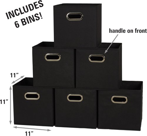Household Essentials Foldable Fabric Storage Bins - 6-Piece Set, Sturdy Poly-Woven Fabric, Classic Black