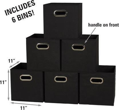 Household Essentials Foldable Fabric Storage Bins - 6-Piece Set, Sturdy Poly-Woven Fabric, Classic Black