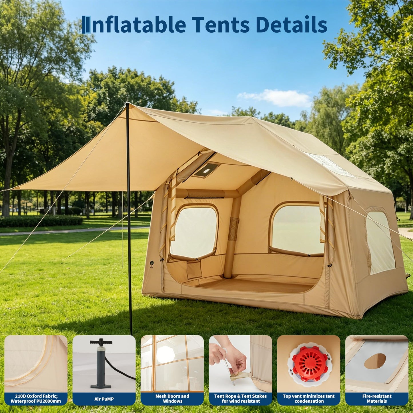 Inflatable Tents for Camping, Blow Up Tent for 3-6 People, Blow Up Camping Tent with Hand Pump, 5-Min Setup Air Tent with Stove Jack, Waterproof Oxford Family Glamping Tent