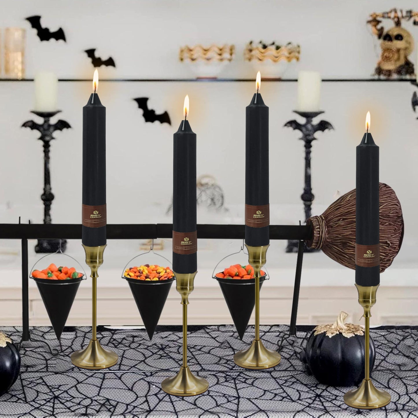 Black Halloween Taper Candles 4 Pack Hand-Poured 9 Inch Unscented Long Tapered Candles for Spooky Decor, Haunted Houses & Gothic Weddings - Clean Burning, Smokeless & Odorless