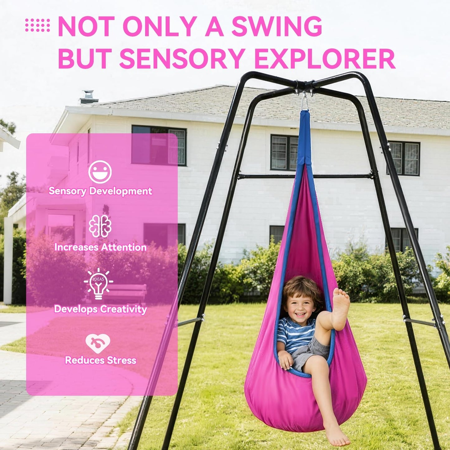 Swing Stand Frame with Sensory Pod Swings,Sensory Swing Set for Kids,Heavy Duty Metal Swings Frame,Cotton Sensory Pod Swing for Kids Indoor and Outdoor 330LBS Pink