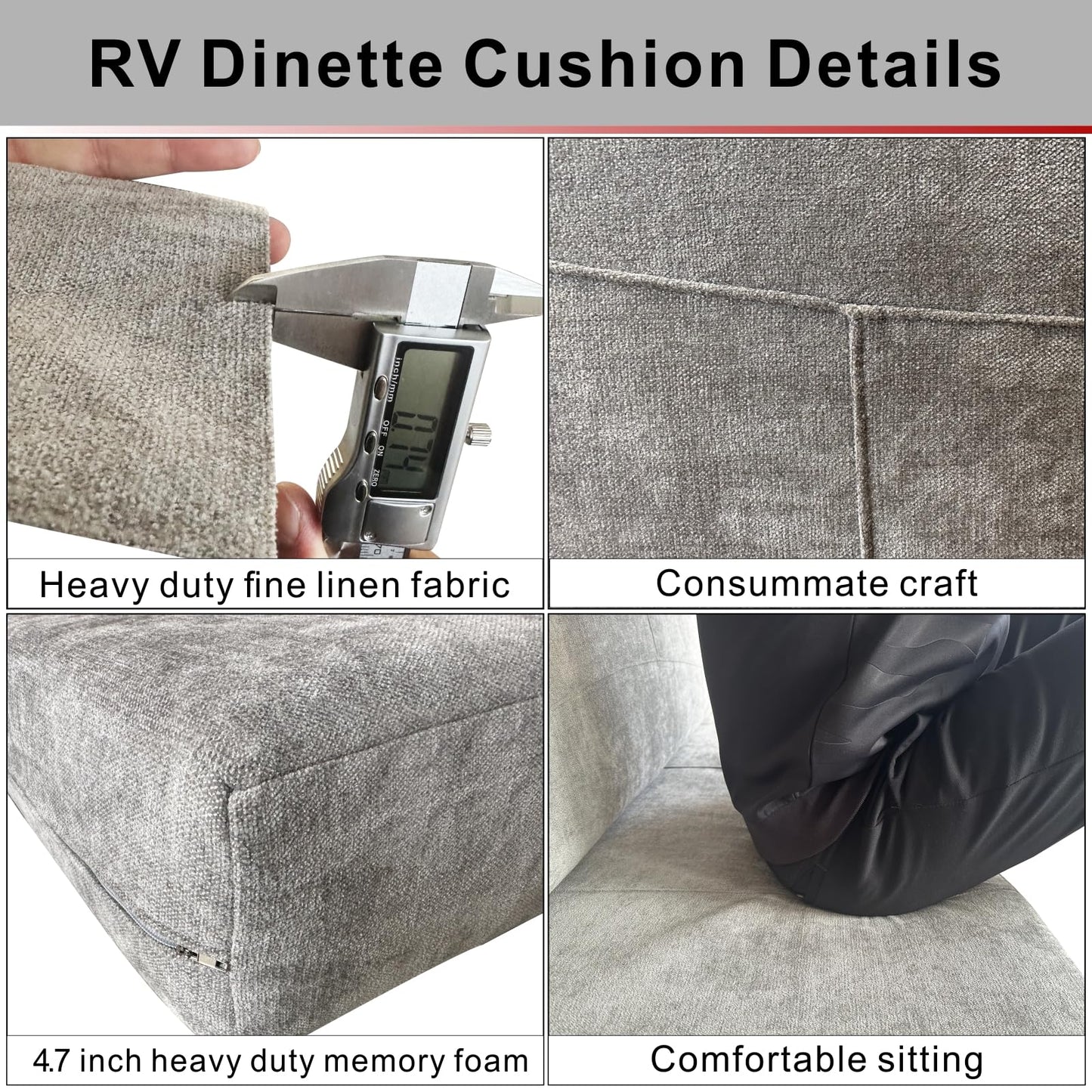 Dulepax RV Dinette Booth Cushions with Memory Foam，Replacement Camper Cushions，Dinette Seat for Camper Trailer，RV Dinette Seat Including 1 Backrest & 1 Bench,RV Sofa,RV Couch,Grey,44inch.