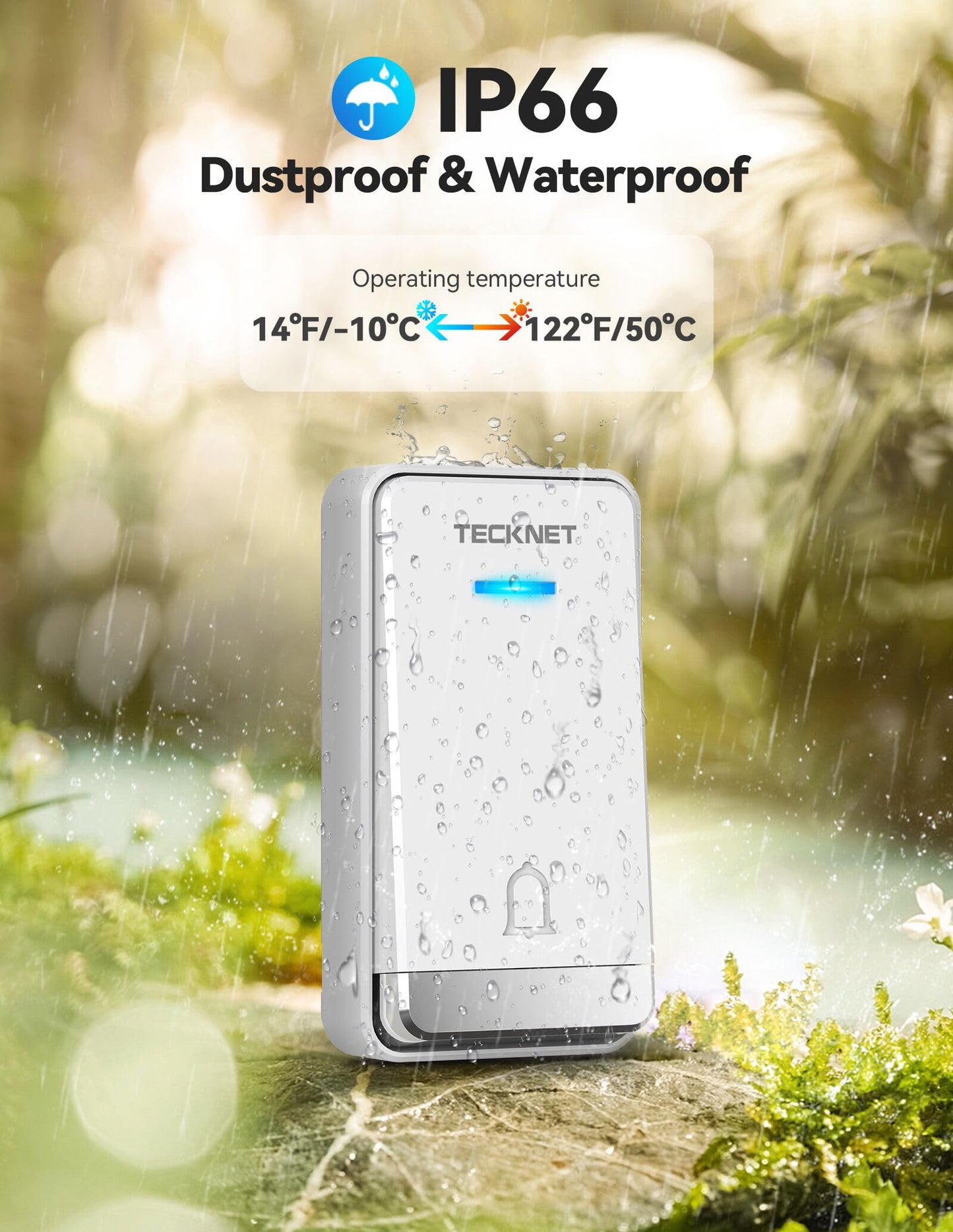 TECKNET Wireless Doorbell, Self-Powered Doorbell, 0-110db Plug-through Wireless Doorbell Ringer for Homes Classroom, IP66 Waterproof 1300ft Door Chime with Extra Socket, 60 Chimes, LED Light (White)
