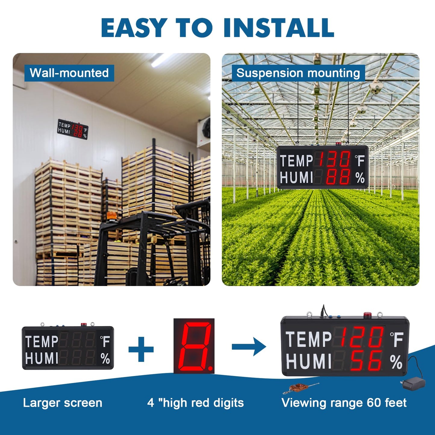 JIAWANSHUN 4" Large LED Thermometer Hygrometer with High Brightness Red Display, High Accuracy (-40°F~248°F / 0-100% RH), Features Custom Alarm & Wide Voltage for Industrial, Greenhouse & Farm Use