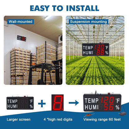 JIAWANSHUN 4" Large LED Thermometer Hygrometer with High Brightness Red Display, High Accuracy (-40°F~248°F / 0-100% RH), Features Custom Alarm & Wide Voltage for Industrial, Greenhouse & Farm Use