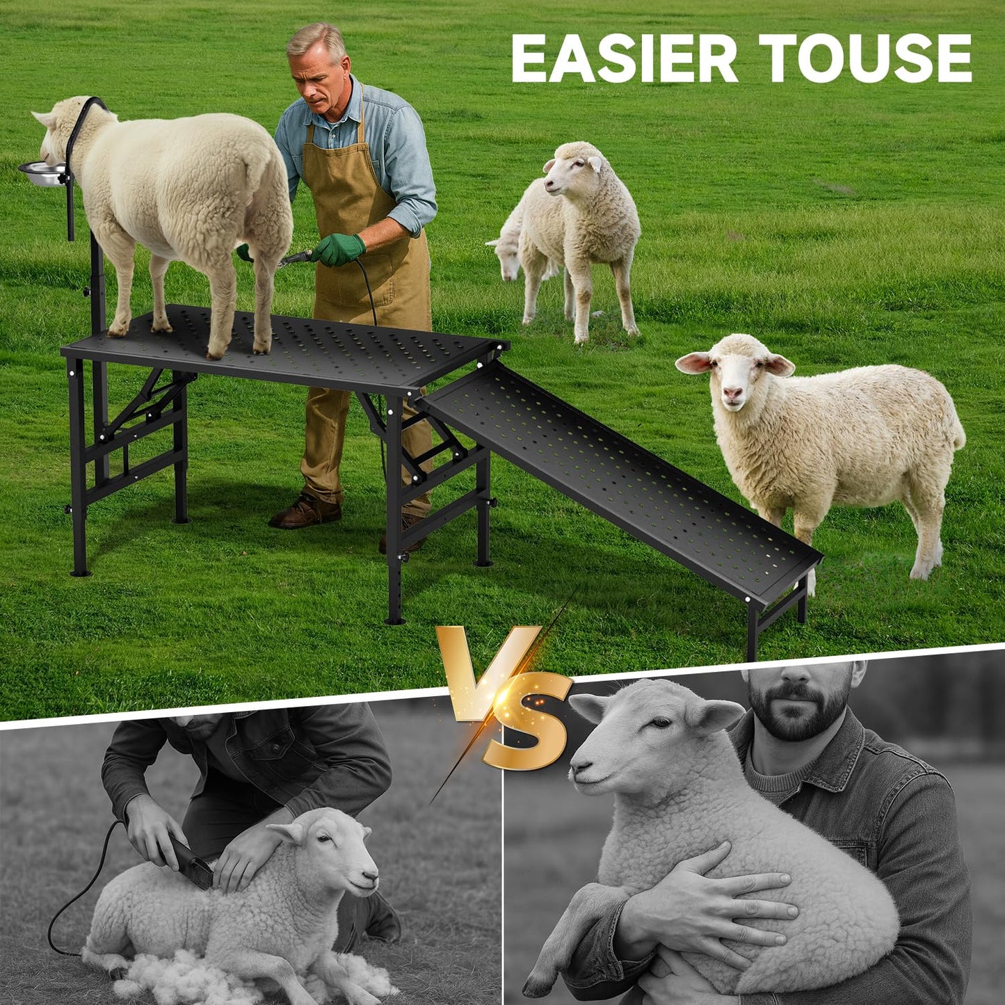 Professional Goat Milking Stand with Ramp, 600LBS Heavy Duty Foldable Livestock Trimming Platform, Metal Grooming Stand with Adjustable Headpiece & Stainless Steel Feeder for Nubian & Dwarf Goats