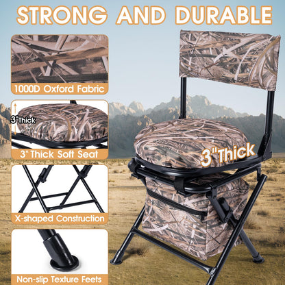 GUANIEE 360° Swivel Hunting Chair Folding Silent Hunt Blind Chair, Portable Ground Sniper Seat for Fishing Dove Deer Hunting, with Storage Bag, Camo Khaki