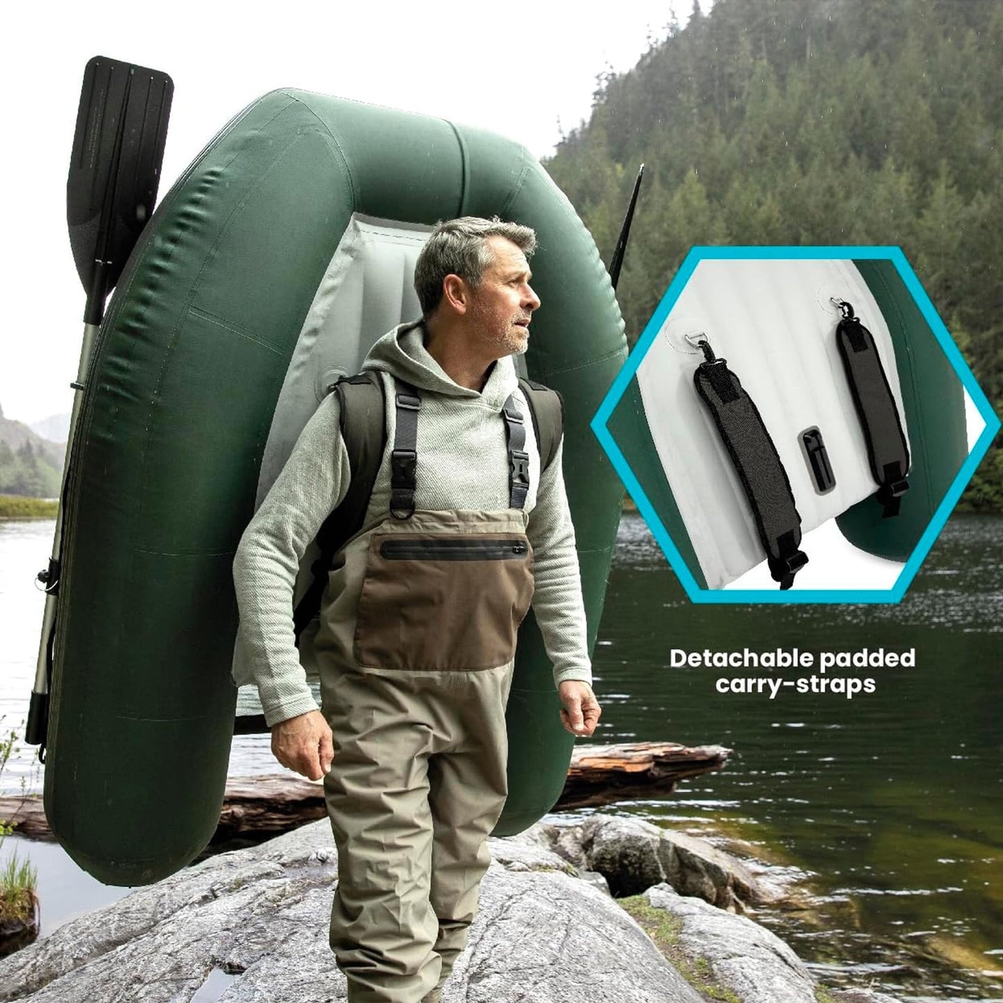 INTEX Big Catch Pro Inflatable Fishing Float Tube: Includes Deluxe 54in Boat Oars and High-Output Pump - Detachable Fishing Rod Holders - Mesh Fish Ruler - Heavy-Duty Backpack - 308lb Weight Capacity