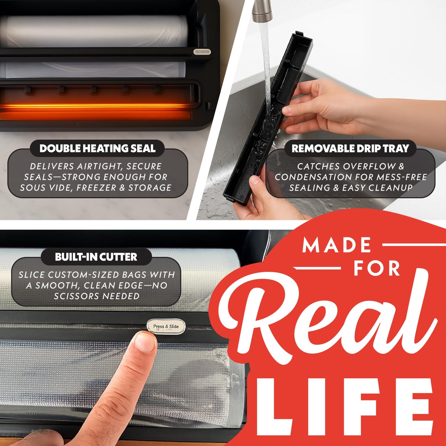 Gourmia Vacuum Sealer - 10-in-1 Food Sealer with Inflate Function, Built-In Cutter & Roll Storage, Inflate, Seal, Dry/Moist Modes, Gentle & Normal Pressure, BPA-Free Bags
