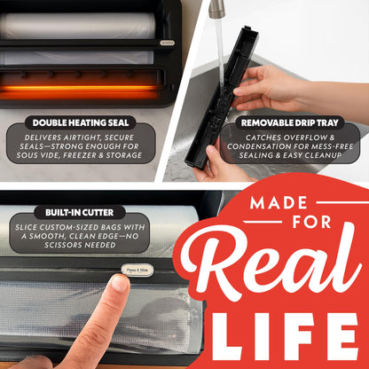 Gourmia Vacuum Sealer - 10-in-1 Food Sealer with Inflate Function, Built-In Cutter & Roll Storage, Inflate, Seal, Dry/Moist Modes, Gentle & Normal Pressure, BPA-Free Bags
