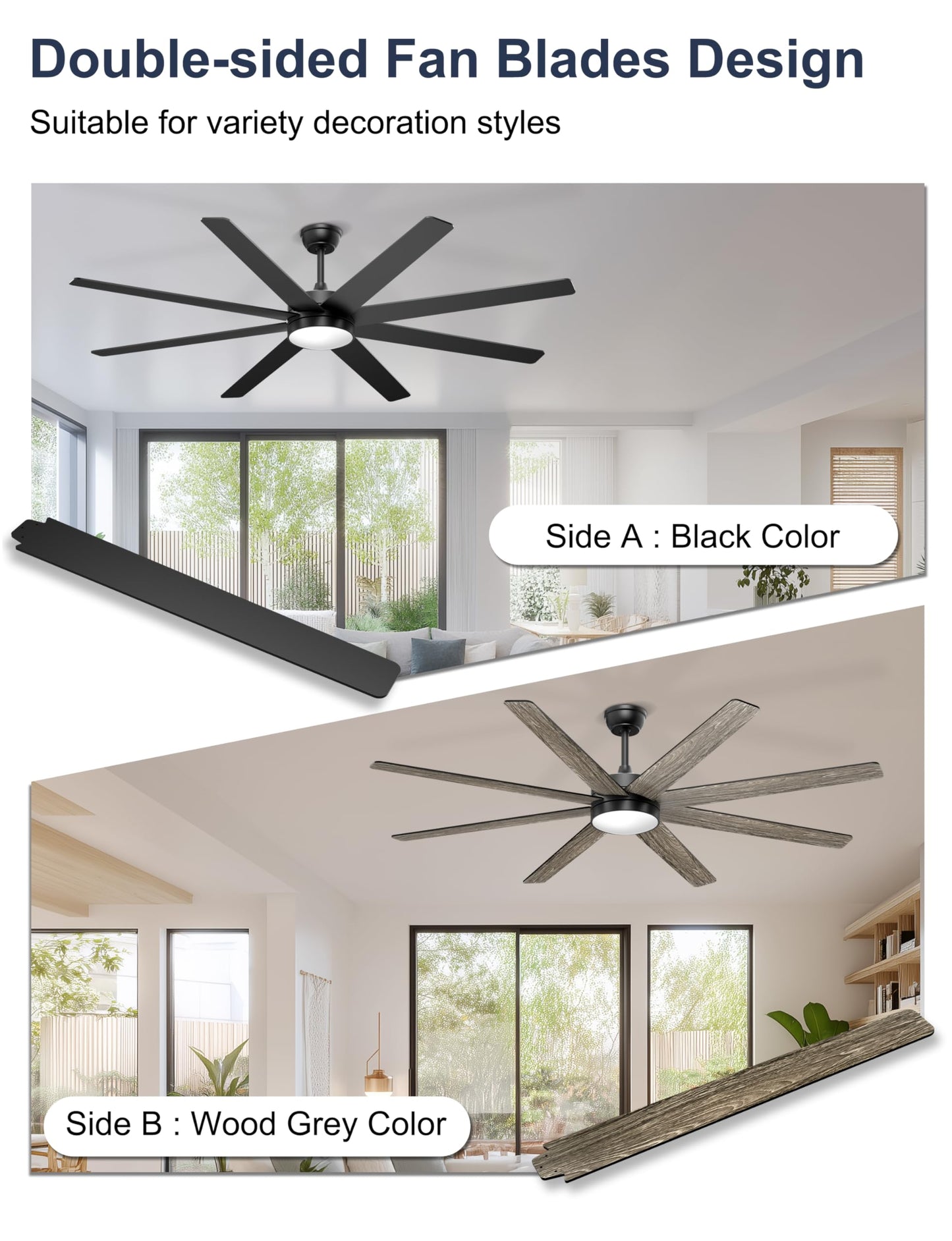 Phylluz 72'' Large Ceiling Fans with Lights, Modern Black Ceiling Fan Remote/APP Control, Dimmable, Quiet DC Motor Big Ceiling Fan for Indoor/Covered Outdoor
