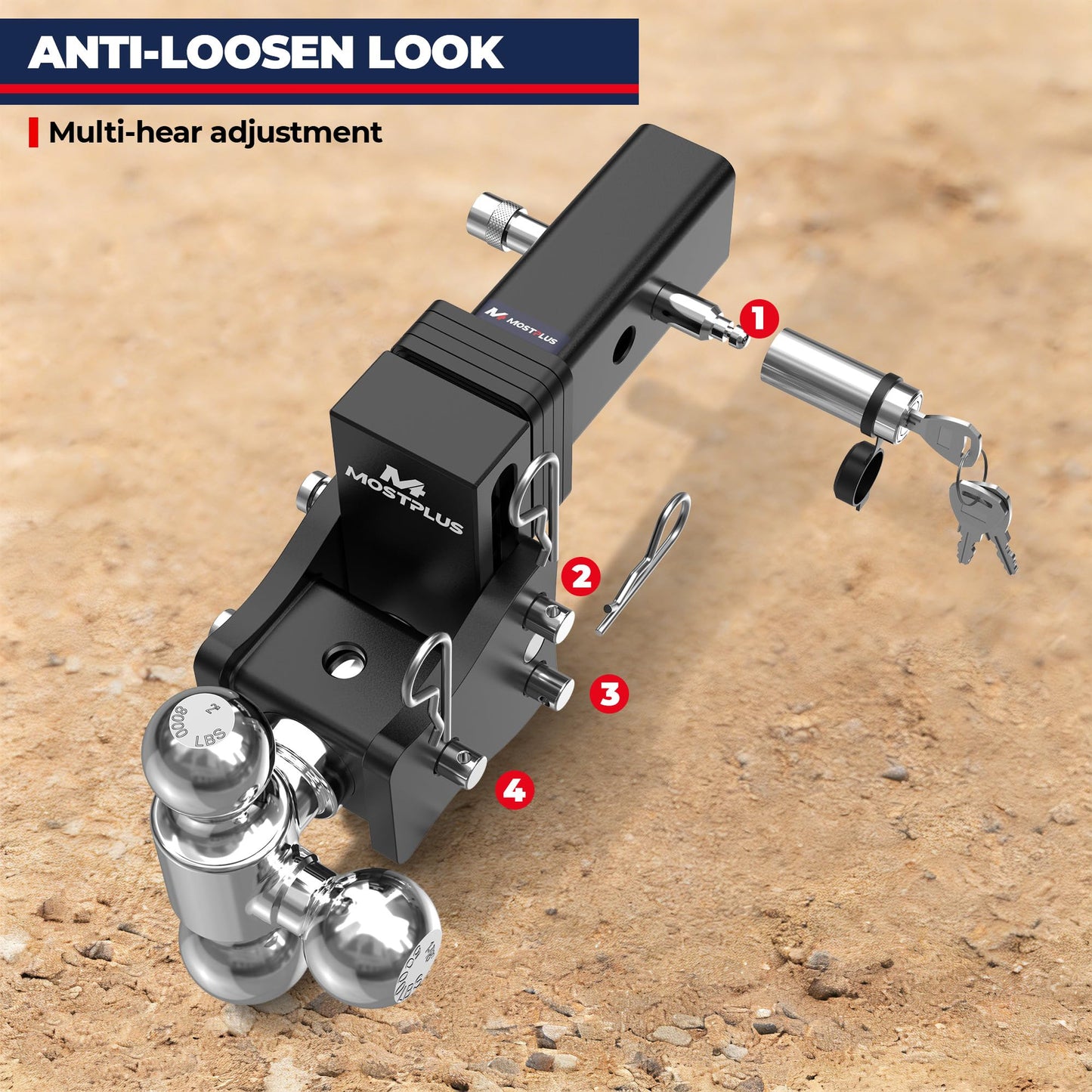 MOSTPLUS Trailer Hitch, 2.5 Inch Receiver, Tri-Ball Mount with 2" & 2-5/16" & 1-7/8" Balls, 5,000-20,000 LBS GTW, 4" Adjustable Height Heavy Duty Towing Hitch for Most Truck & SUV