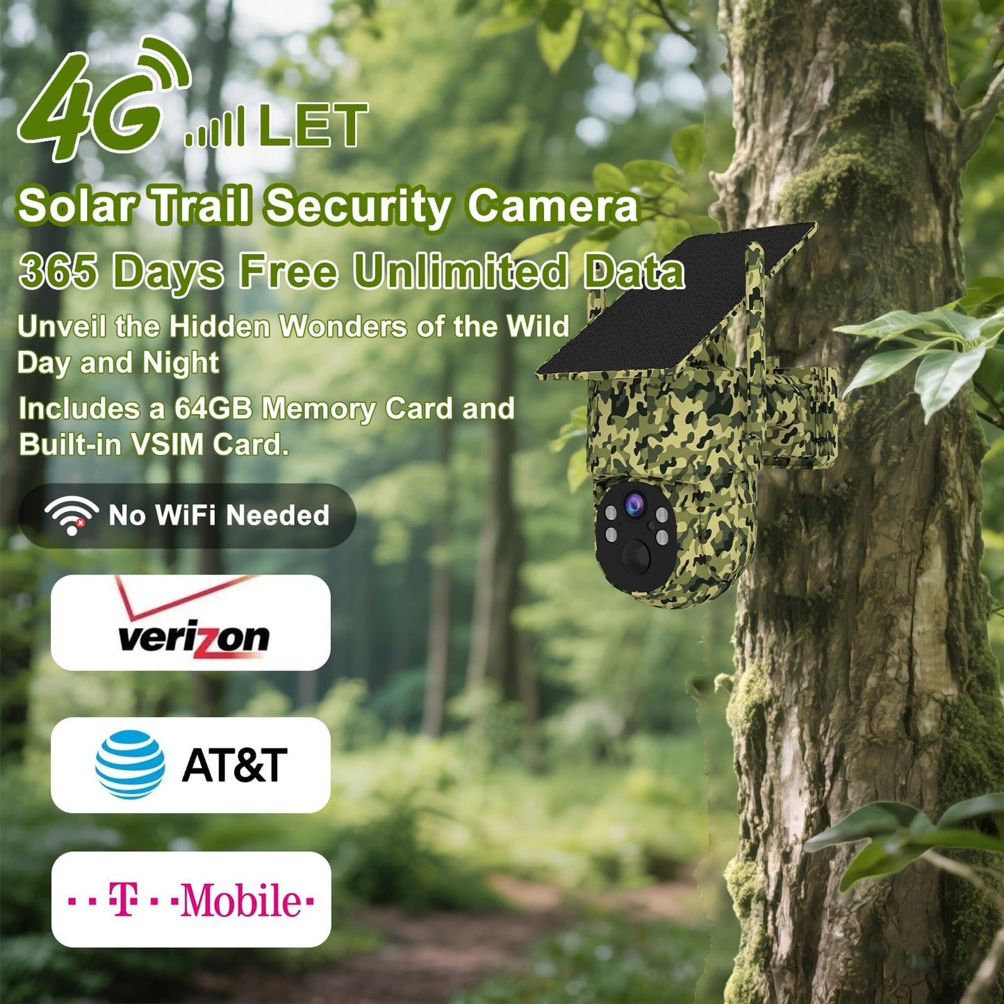 QUTHZZHY 4G LTE Solar Cellular Trail Camera,365 Days Free Unlimited Data,No WiFi Needed Trail Cam, 0.2S Speed Motion Activated Game Camera,Deer Camera 360°View IP65,Tuya Smart Camera,64GB Storage