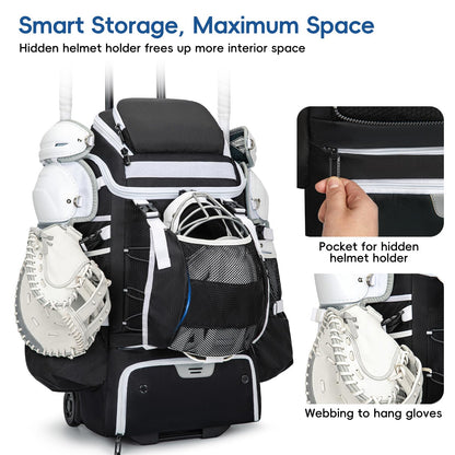 KAVIGOR Catchers Gear Bag with Wheels, 90L Rolling Baseball/Softball Bag Holds 2 Sets of Gear with Glove Compartment, Helmet Holder & Shoe Compartment