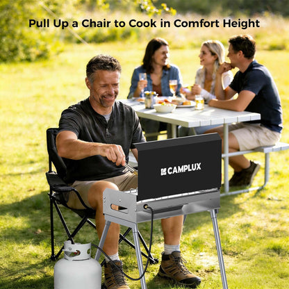 CAMPLUX 2 Burners & 1 Grill Propane Camping Stove, 15,000 BTU Portable Outdoor Propane Camping Grill Burner with Free Standing Legs, Auto-Ignition Gas Stove with Regulator, Black