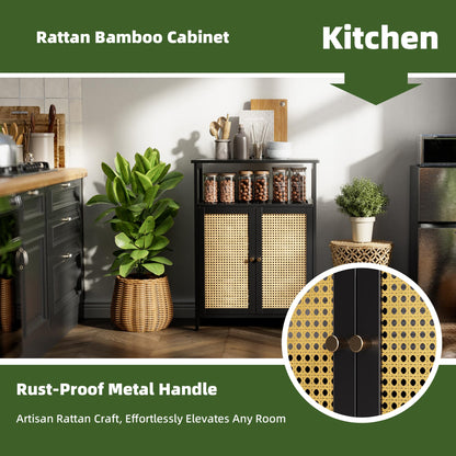 vovala Bamboo Floor Rattan Cabinet, Bathroom Storage Organizer Rack with 2 Doors and 1 Shelf, Space Saving Wood Kitchen Cupboard, Hallway Side Table, Living Room Freestanding Stand (Black)