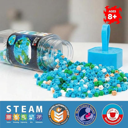 Pix Brix Space Bottle – Earth Set | 973-Piece 2D &amp 3D Earth Building Kit for Kids 8+ | Reusable Storage Bottle Keychain Clip Pixel Art Blocks | STEM Toy Compatible with Major Brick Brands
