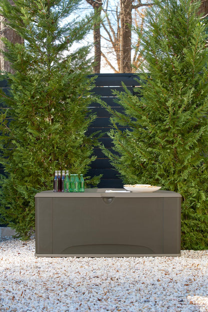 Rubbermaid Extra Large Resin Outdoor Storage Deck Box with Seat (120 Gal), Weather Resistant, Brown, Deck Organization for Home/Backyard/Pool Chemicals/Toys/Garden Tools/Porch/Patio Cushions