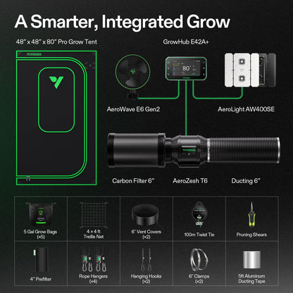 VIVOSUN Smart Pro Grow Tent Kit 4×4 Complete Smart Grow System WiFi-Integrated Automatic Control GrowHub E42A+, 2-in-1 Tunable Spectrum LED Grow Light 400W, 360° Ventilation Control System
